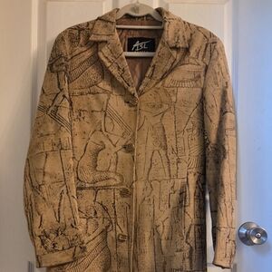 ASL Egyptian Glyph Patterned Super Soft Leather Trench Jacket
